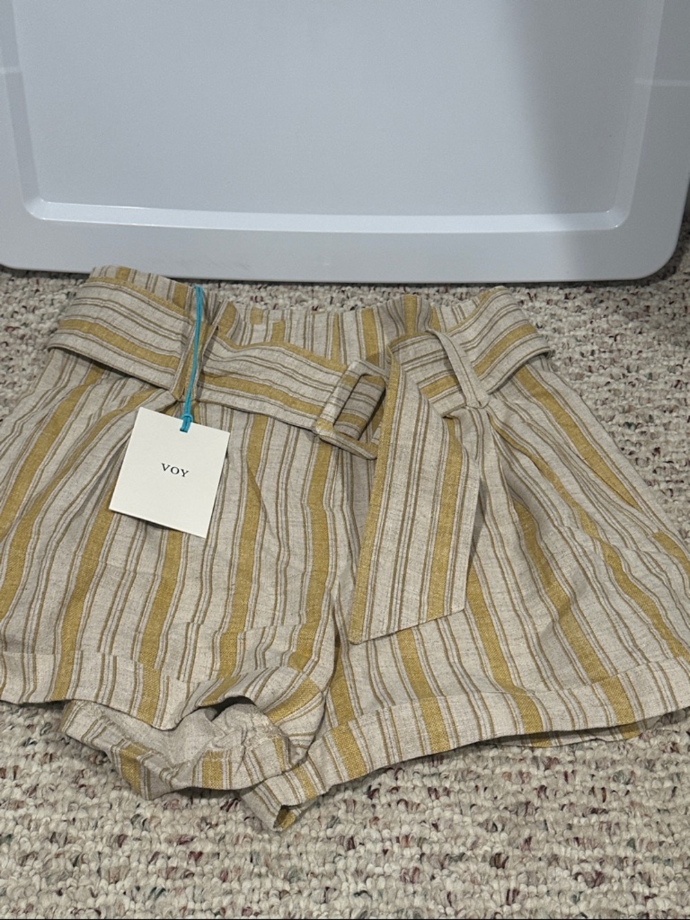VOY High-Waist Striped Tie-Belt Shorts in Mustard and Cream